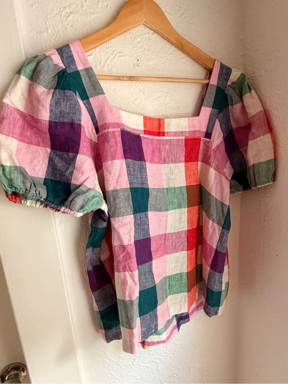 Boden Multicolor Gingham Square-Neck Puff Sleeve Top
